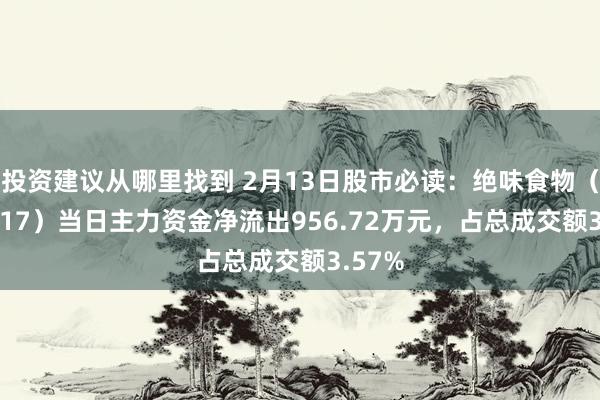 投资建议从哪里找到 2月13日股市必读：绝味食物（603517）当日主力资金净流出956.72万元，占总成交额3.57%